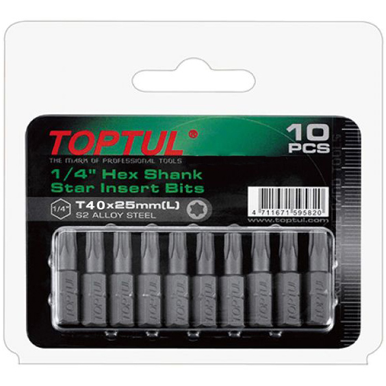 Набор бит TOPTUL 1/4" L25мм T40 10ед. (FSEA0840G), Набор бит 1/4" L25мм T40 10ед. на блистере
Набор бит TOPTUL 1/4" L25мм T40 10ед. (FSEA0840G), Набор бит 1/4" L25мм T40 10ед. на блистере