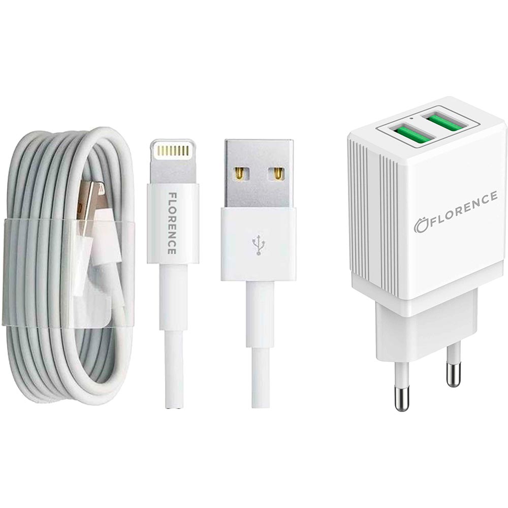 Зарядное устройство FLORENCE 2USB 2A White (FL-1021-WL), 2USB 2A + Lightning cable white (FL-1021-WL)
Зарядное устройство FLORENCE 2USB 2A White (FL-1021-WL), 2USB 2A + Lightning cable white (FL-1021-WL)