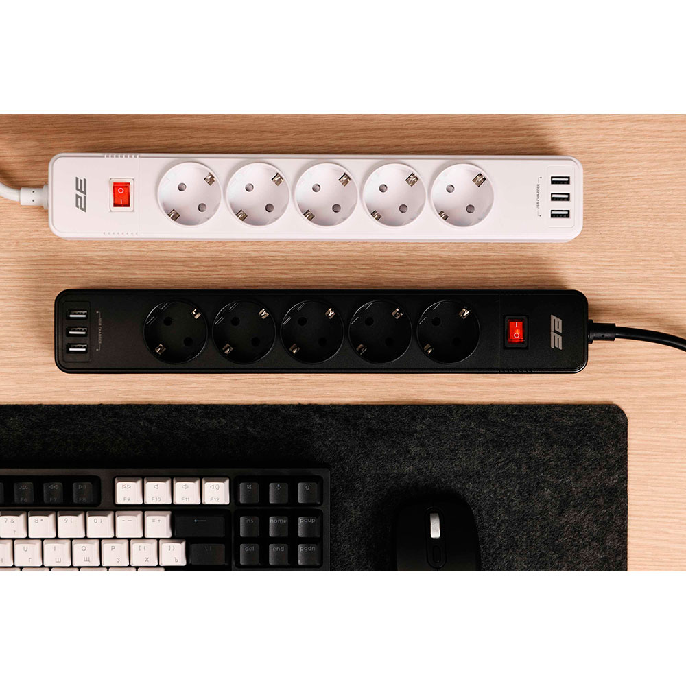Фото Мережевий фільтр 2E 5 розеток 3xUSB-A 2м 16А 3x1.5мм2 White (2E-SP515M2USBWH)