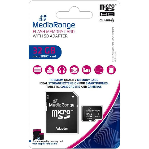 Карта пам'яті MEDIARANGE micro-SDHC 32GB Class 10+ SD adapter (MR959) Об'єм пам'яті 32 Гб