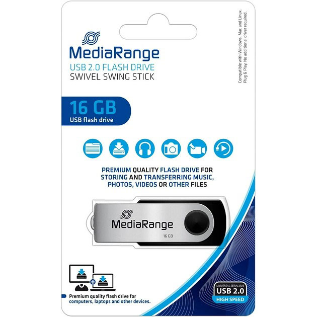 Флеш-драйв MediaRange 16GB USB 2.0 Black/Silver (MR910) Материал корпуса металл