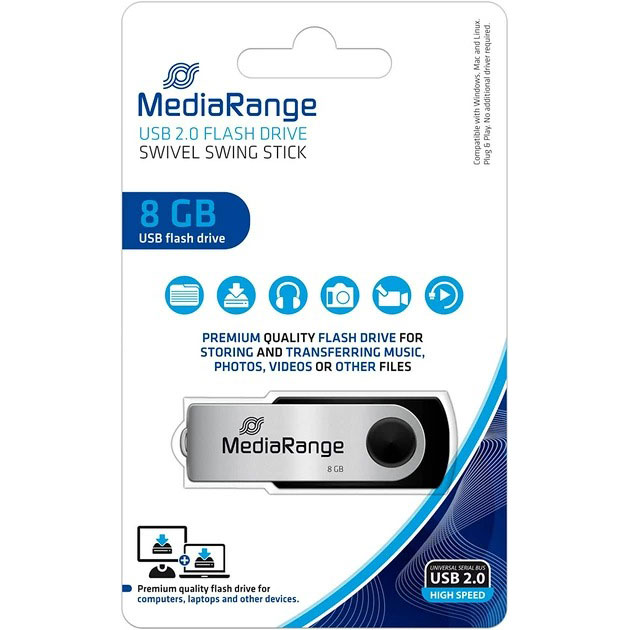 Флеш-драйв MediaRange 8GB USB 2.0 Black/Silver (MR908) Материал корпуса металл