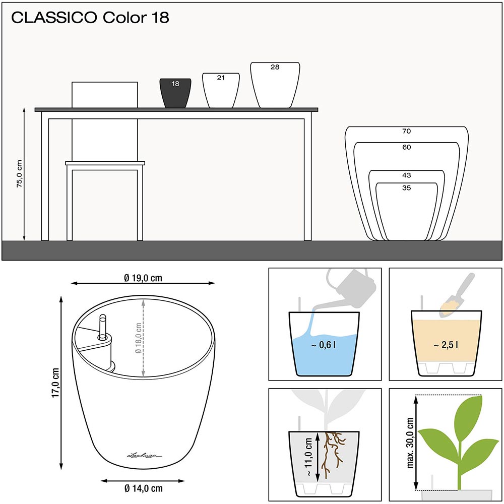 Горщик для рослин Lechuza Classico Color 18 White (13261) Додатково Форма: Коло; Тип: Розумні вазони; Призначення: Універсальні; Об'єм води: 0.6 л; Максимальна висота рослини: 30 см