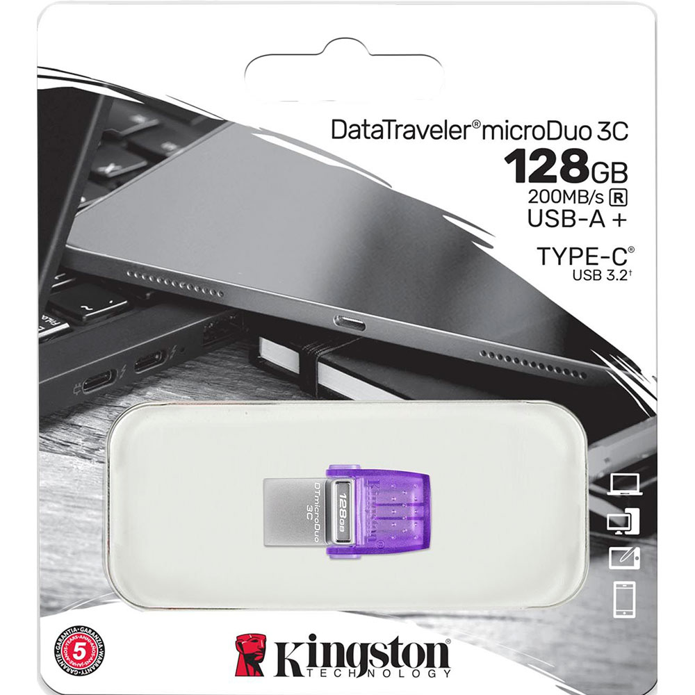 Флеш-драйв KINGSTON DT Duo 3C 128GB 200MB/s dual USB-A + USB-C Объем памяти 128 Гб