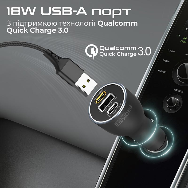 Автомобільний зарядний пристрій Promate PowerDrive-120 W 2xUSB-C, USB-A Black (powerdrive-120.black) Вихідний роз'єм USB Type-C