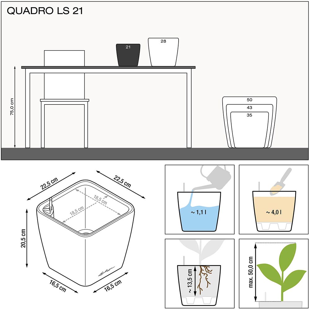 Горщик для рослин Lechuza Quadro Premium LS 21 White (16120) Розміри 16.5 - 21.8 х 20
