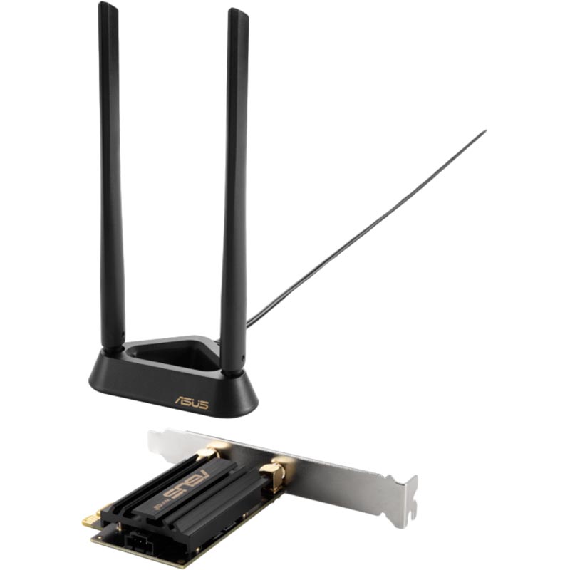 Антена Wi-Fi ASUS PCE-AXE59BT Bluetooth 5.2 PCI Express (90IG07I0-MO0B00) Додатково Інтерфейси: PCI Express; Функції безпеки: WPA2-Personal, WPA3-Personal; Антени: Знімні; Стандарт Wi-Fi: 802.11 b/g/n/ac/ax; Вид: 2в1 (WiFi + Bluetooth); Тип: Внутрішній; Версія Bluetooth: 5.0