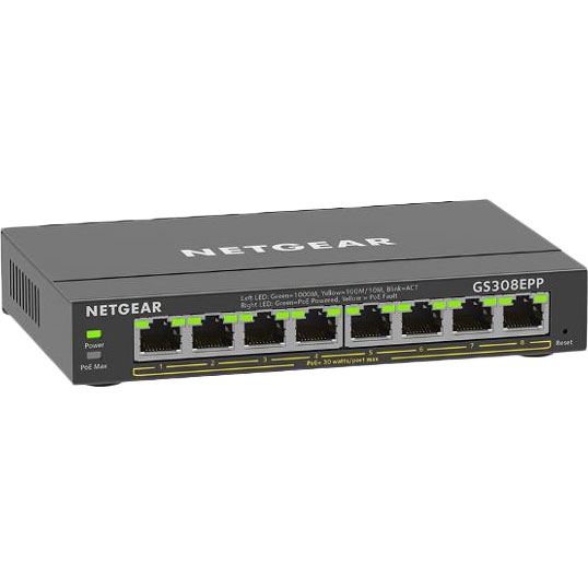 Коммутатор NETGEAR GS308EPP 8xGE PoE+ (123Вт) Порты коммутатора 8 x 10/100/1000 BASE-T RJ-45 портов с поддержкой PoE+