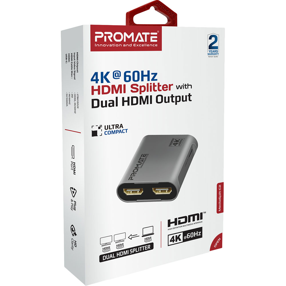 Внешний вид Сплиттер Promate MediaSplit-C2 HDMI to 2xHDMI Silver (mediasplit-C2.silver)
