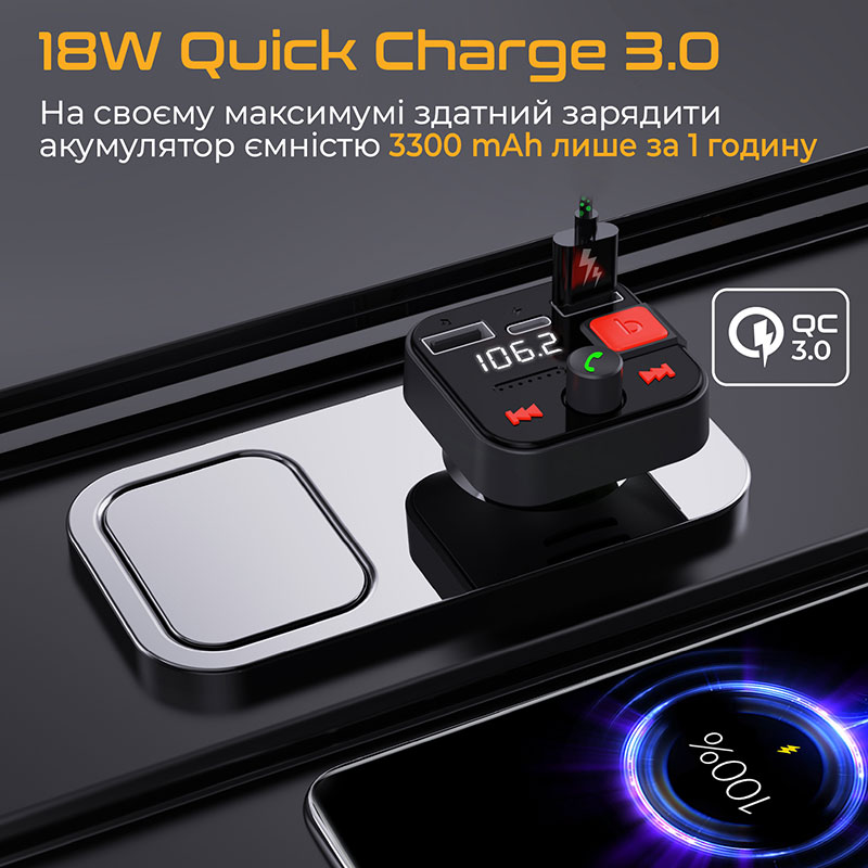 Фото 4 FM-трансмітер Promate PowerTune-30W USB-A OTG/USB-A QC3.0/USB-C Black (powertune-30w.black)