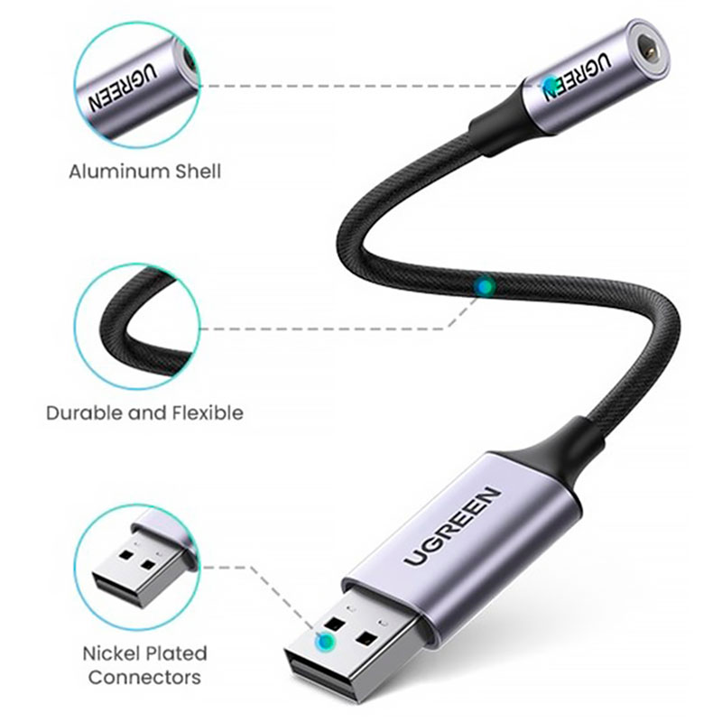 Звуковая карта UGREEN USB AUX jack KT0210 25 СМ477 Black (30757) Разъемы 3.5 мм выход