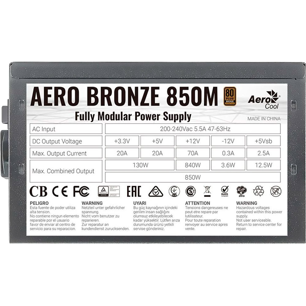 Зовнішній вигляд Блок живлення AEROCOOL Aero Bronze 850M Fully Modular (ACPB-AR85AEC.1M) 850W