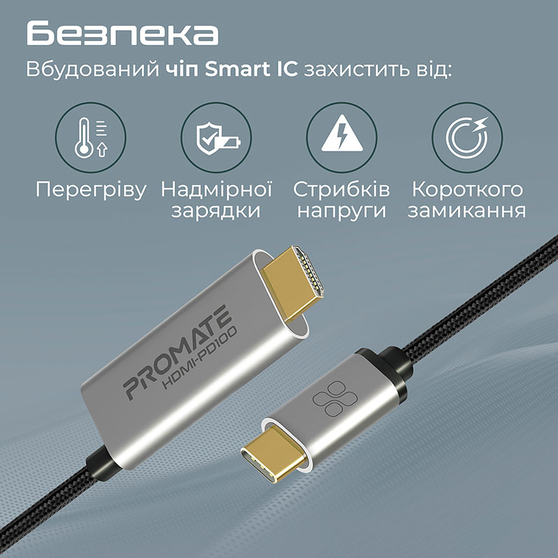 Внешний вид Кабель Promate HDMI-PD100 USB-C to HDMI/USB-C in 1.8 м Grey (hdmi-pd100.grey)