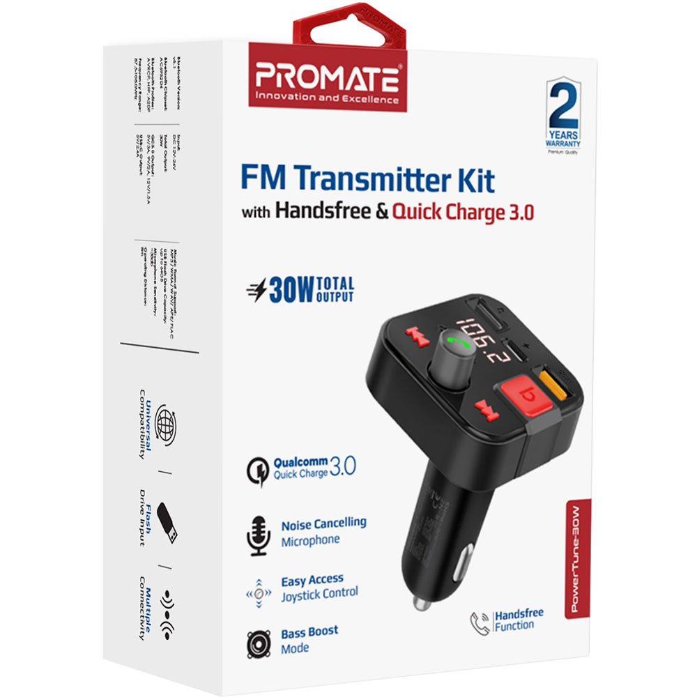 Фото FM-трансмітер Promate PowerTune-30W USB-A OTG/USB-A QC3.0/USB-C Black (powertune-30w.black)