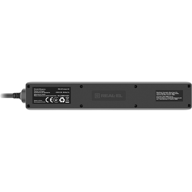 Сетевой фильтр REAL EL RS-6 Protect M 6 розеток 5м 16A 3x1.5мм2 Black (EL122300036) Тип вилки евровилка с заземлением (Тип F) 