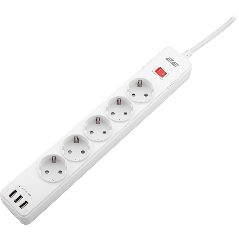 Мережевий фільтр 2E 5 розеток 3xUSB-A 2м 16А 3x1.5мм2 White (2E-SP515M2USBWH) Тип розеток євророзетка із заземленням (Тип F)
