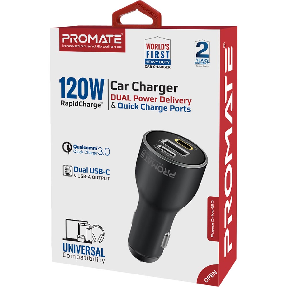 Покупка Автомобільний зарядний пристрій Promate PowerDrive-120 W 2xUSB-C, USB-A Black (powerdrive-120.black)