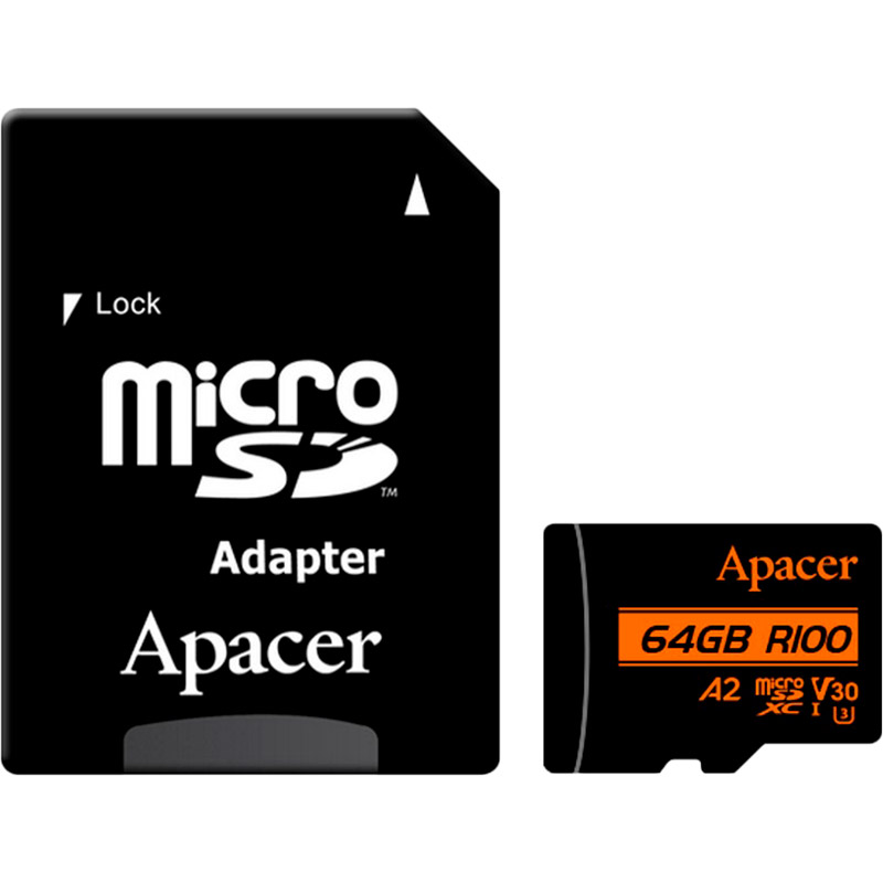 Карта памяти APACER 64GB MicroSDXC UHS-I/U3 Class 10 + SD адаптер (AP64GMCSX10U8-R) Тип карты micro-SDXC