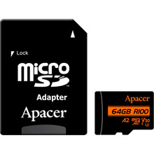 Карта памяти APACER 64GB MicroSDXC UHS-I/U3 Class 10 + SD адаптер (AP64GMCSX10U8-R)