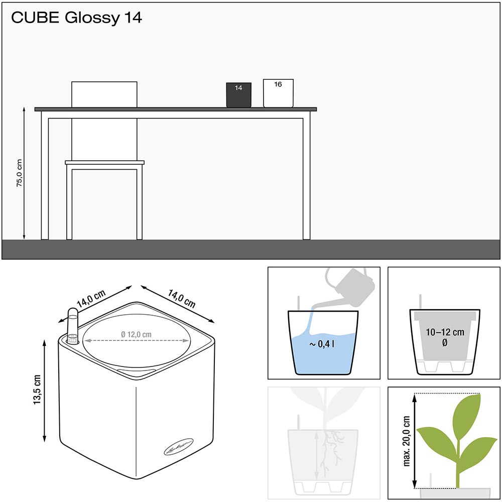 Кашпо LECHUZA Cube Glossy 14 White (13510) Дополнительно система автополива, емкость для воды 0,4 л