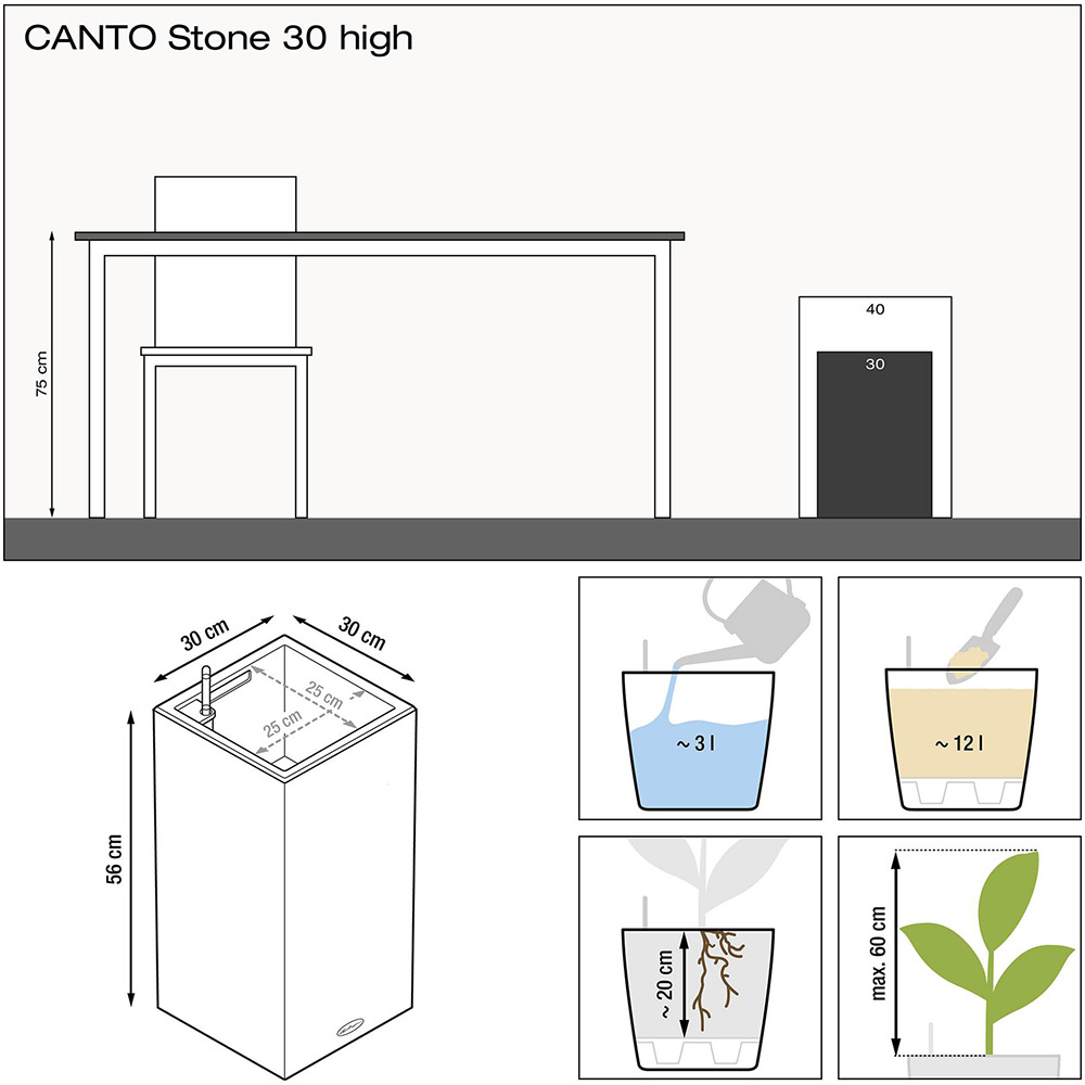 Кашпо LECHUZA Canto Stone High 30 Gray stone (13600) Додатково система автополиву, ємність для води 3 л, об'єм для рослин 12 л