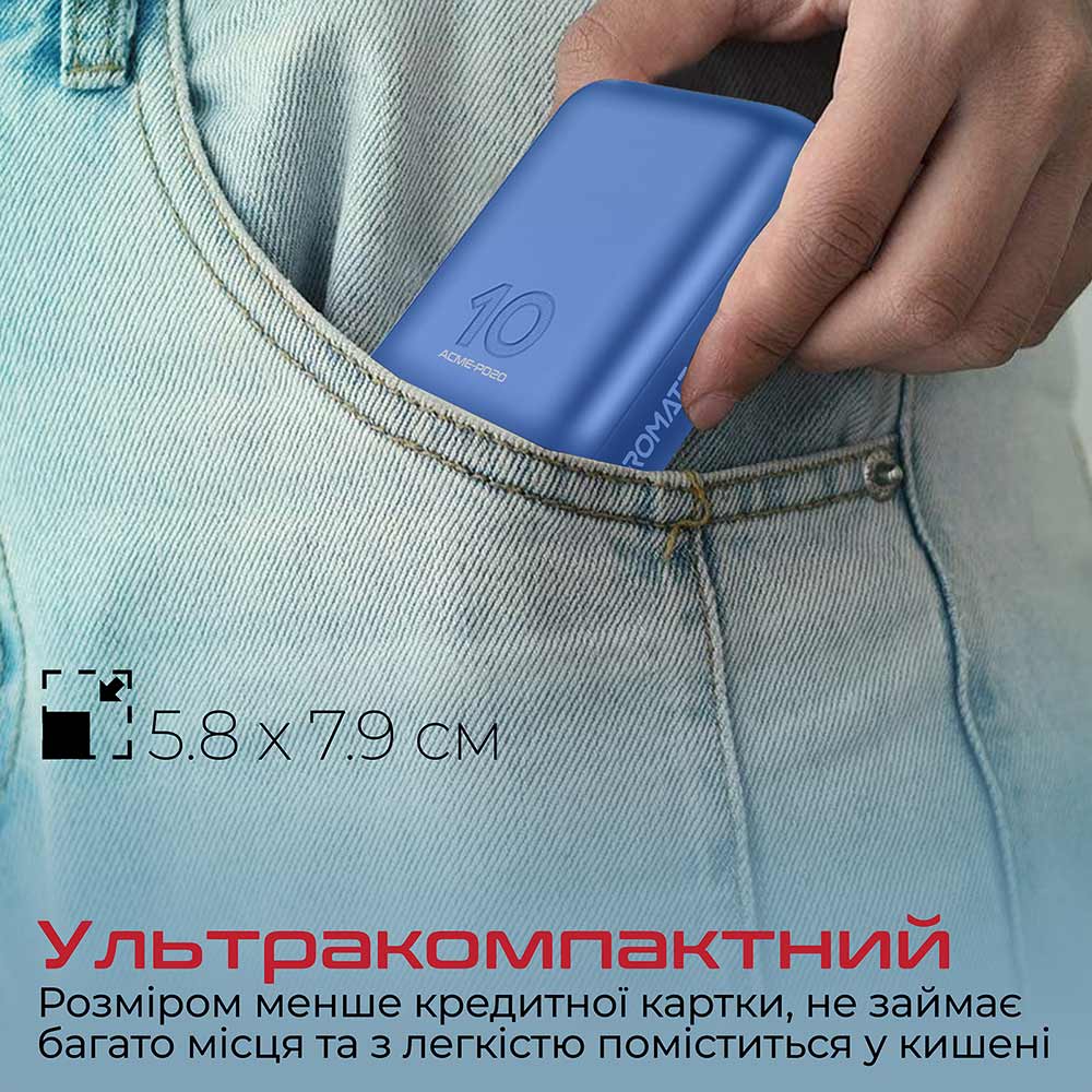 Зовнішній вигляд Powerbank PROMATE Acme-PD20 10000mAh Blue (acme-pd20.blue)