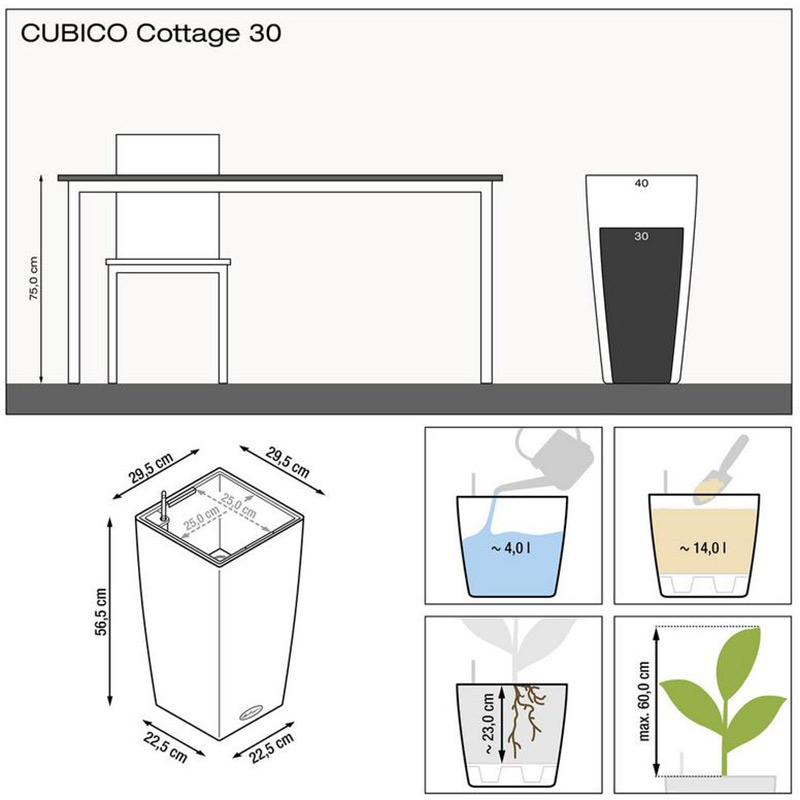 Кашпо LECHUZA Cubico Cottage 30 White (15226) Додатково система автополиву, ємність для води 4 л, об'єм для рослин 14 л