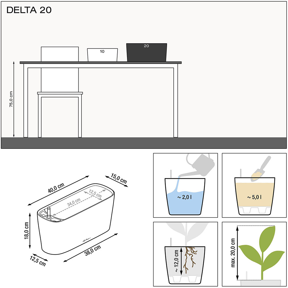 Кашпо LECHUZA Delta Premium 20 White (15560) Размеры 40 х 15 х 18