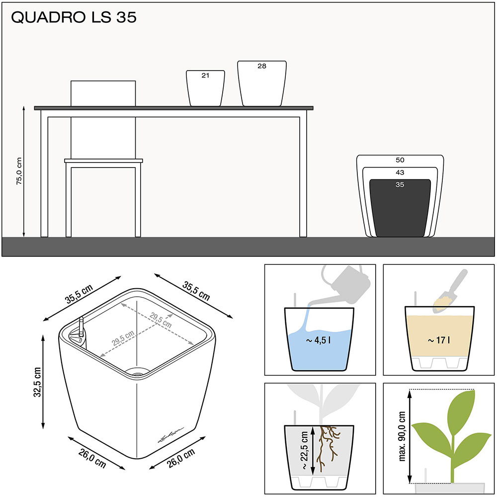 Кашпо LECHUZA Quadro Premium LS 35 White (16160) Додатково система автополиву, ємність для води 3,7 л, об'єм для рослин 13 л
