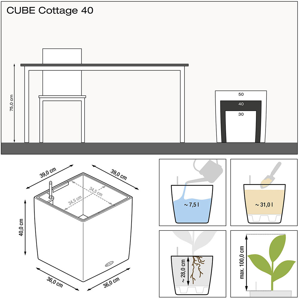 Кашпо LECHUZA Cube Premium White (16360) Дополнительно система автополива, емкость для воды 7 л, объем для растений 29 л