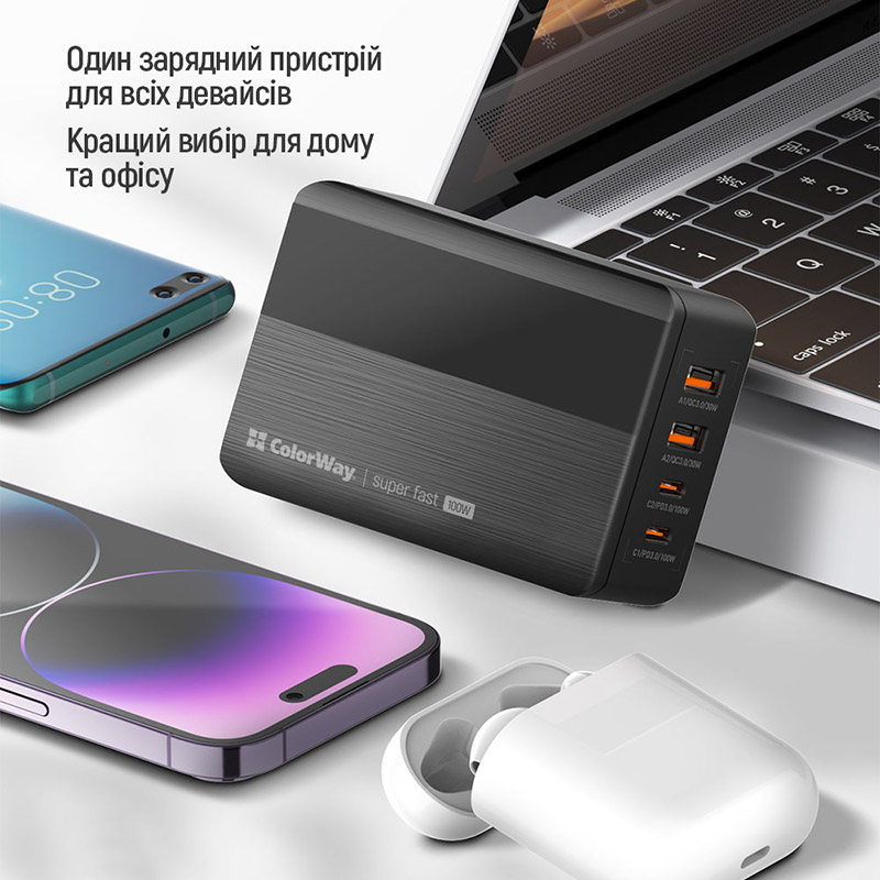 Фото Сетевое зарядное устройство COLORWAY Power Delivery GaN 100W Black (CW-CHS041PD-BK)