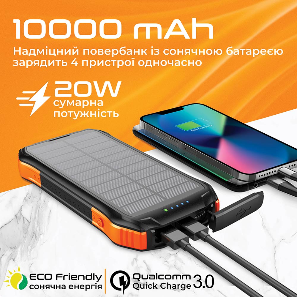 Powerbank Promate SolarTank-10PDQi Power Delivery Qi Black (solartank-10pdqi.black) Комплектація  кабель USB-C до USB-C (30 см)