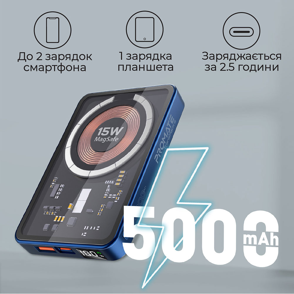 Powerbank PROMATE TransPack-5 5000 mAh Blue (transpack-5.blue) Комплектація  кабель USB-C до USB-C (30 см)