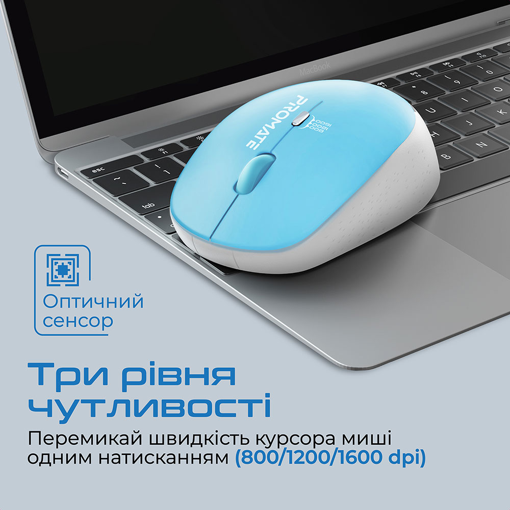 Миша Promate Tracker Wireless Blue (tracker.blue) Комплектація миша, USB нано-приймач, 1 х АА батарейка, посібник з експлуатації