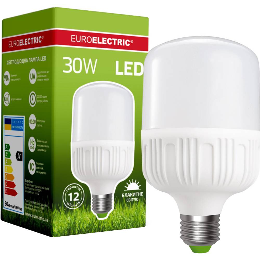 Лампочка EUROELECTRIC LED Plastic 30W E27 6500K (LED-HP-30276(P)) Тип светодиодная (LED)