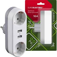 Розгалужувач EUROELECTRIC X2 2 розетки + 2xUSB 16А White (EE-2/2USB-16A)