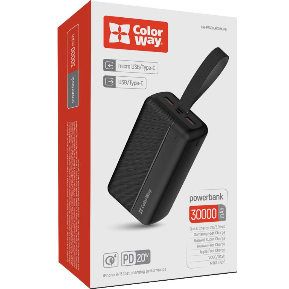 Powerbank COLORWAY 30000 mAh Black (CW-PB300LPC2BK-PD) Комплектація  powerbank, кабель USB - Type-C