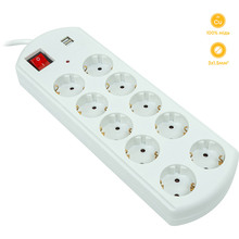 Мережевий фільтр PowerPlant YS-N6065/10 10 розеток 2xUSB 10м 10А 3х1.5мм2 White (EX610563)