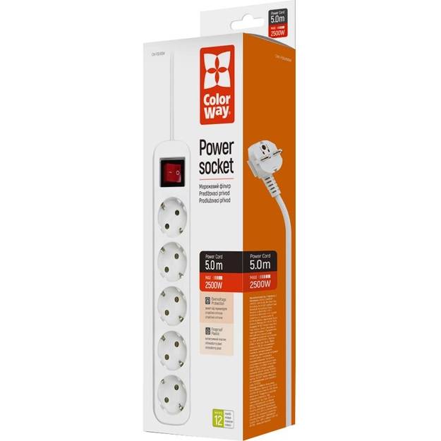 Мережевий фільтр COLORWAY 5 розеток 5м 10А 3х1мм2 White (CW-PSEA55W) Максимальна сила струму 10