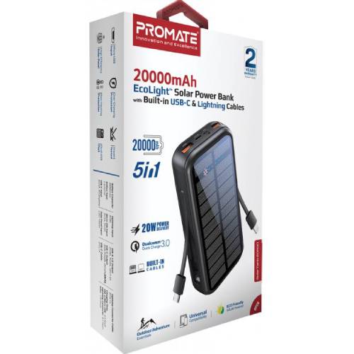 Powerbank PROMATE 20000 mAh с солнечной панелью (solartank-20pdci.black) Комплектация  powerbank, USB-C to USB-C кабель (30 см), руководство пользователя