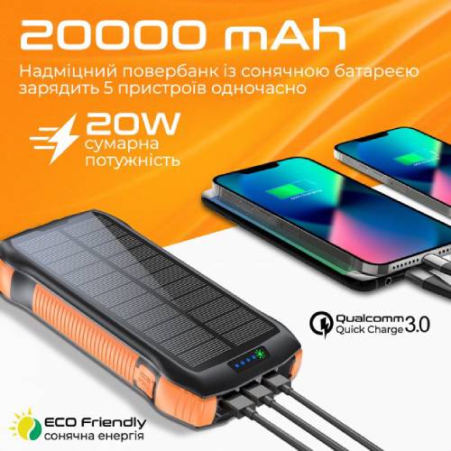 Зовнішній вигляд Powerbank PROMATE SolarTank-20PDQi 20000 mAh із сонячною панеллю (solartank-20pdqi.black)