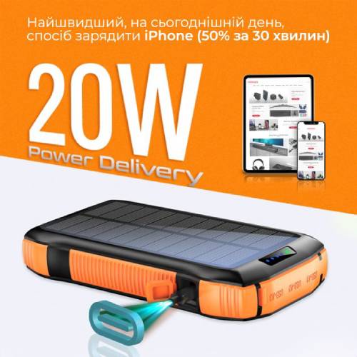 Зображення Powerbank PROMATE SolarTank-20PDQi 20000 mAh із сонячною панеллю (solartank-20pdqi.black)