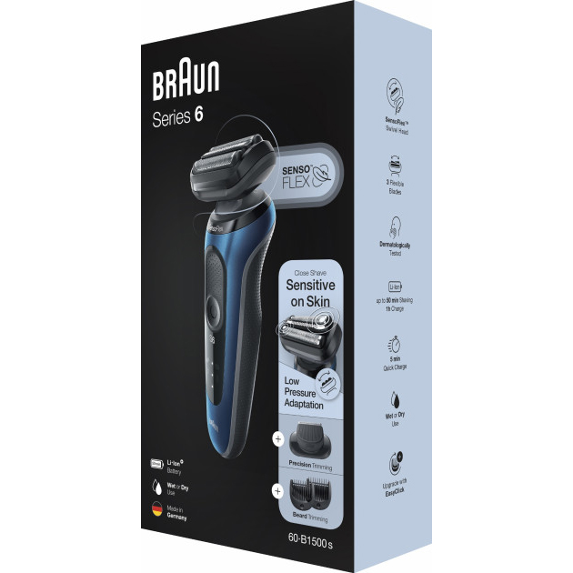 Електробритва BRAUN Series 6 61-B1500s BLUE BLACK Спосіб гоління сухе та вологе