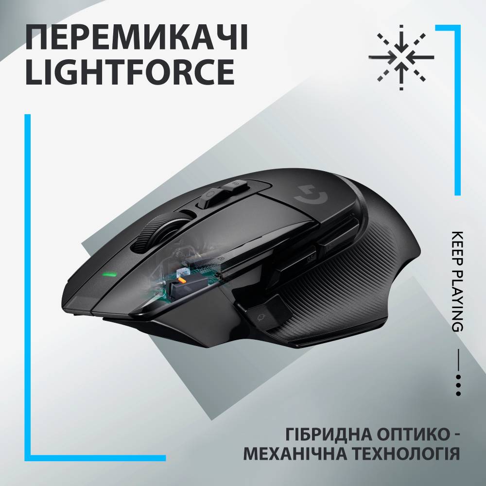 Миша LOGITECH G502 X LIGHTSPEED Black (910-006180) Комплектація Бездротова ігрова миша G502 X LIGHTSPEED, Кришка кнопки зміни чутливості, Кабель для заряджання USB-C, USB-A приймач LIGHTSPEED, USB-подовжувач, Документація користувача