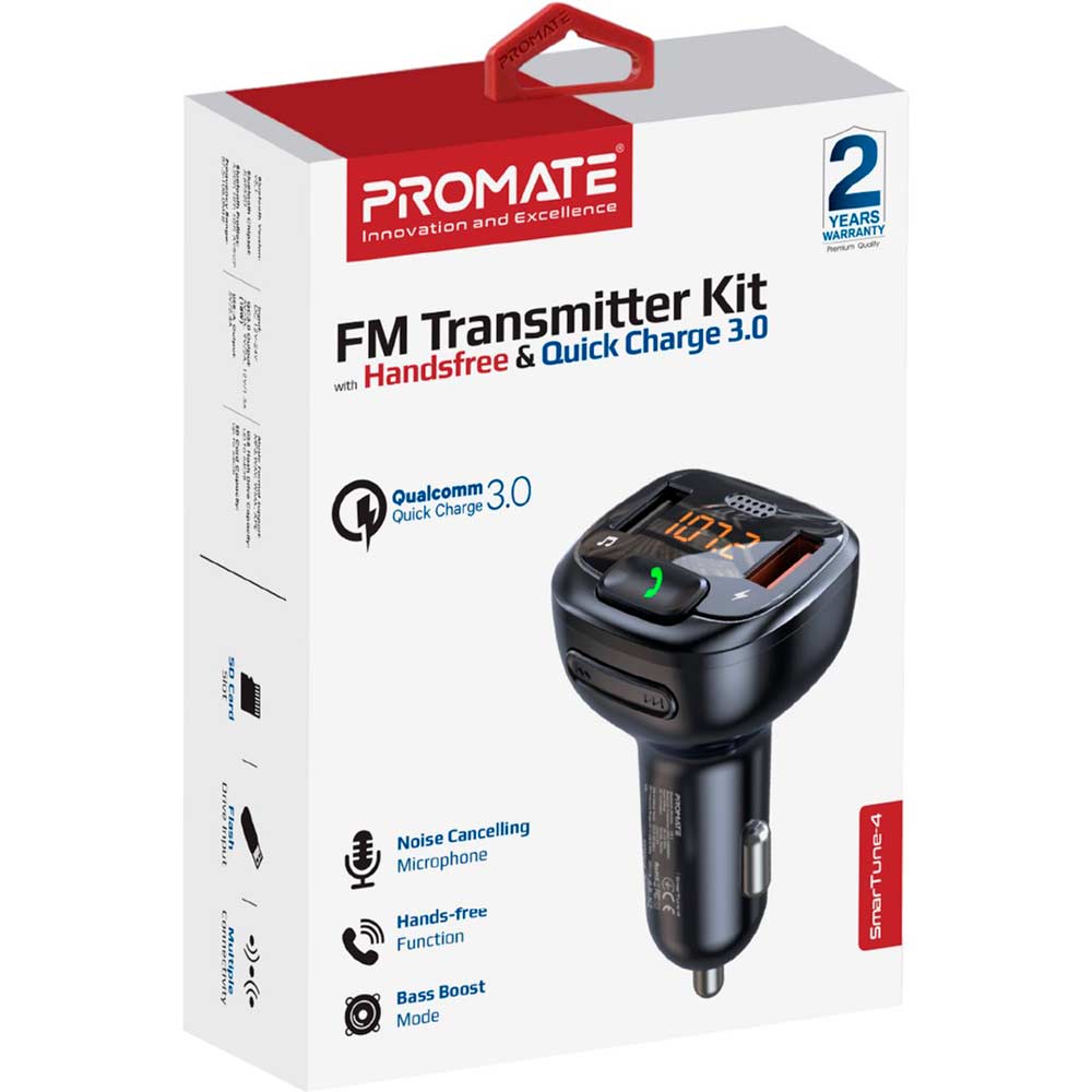 FM-трансмиттер Promate SmarTune-4 USB QC3.0/USB OTG/microSD Black (smartune-4.black) Совместимость универсальные