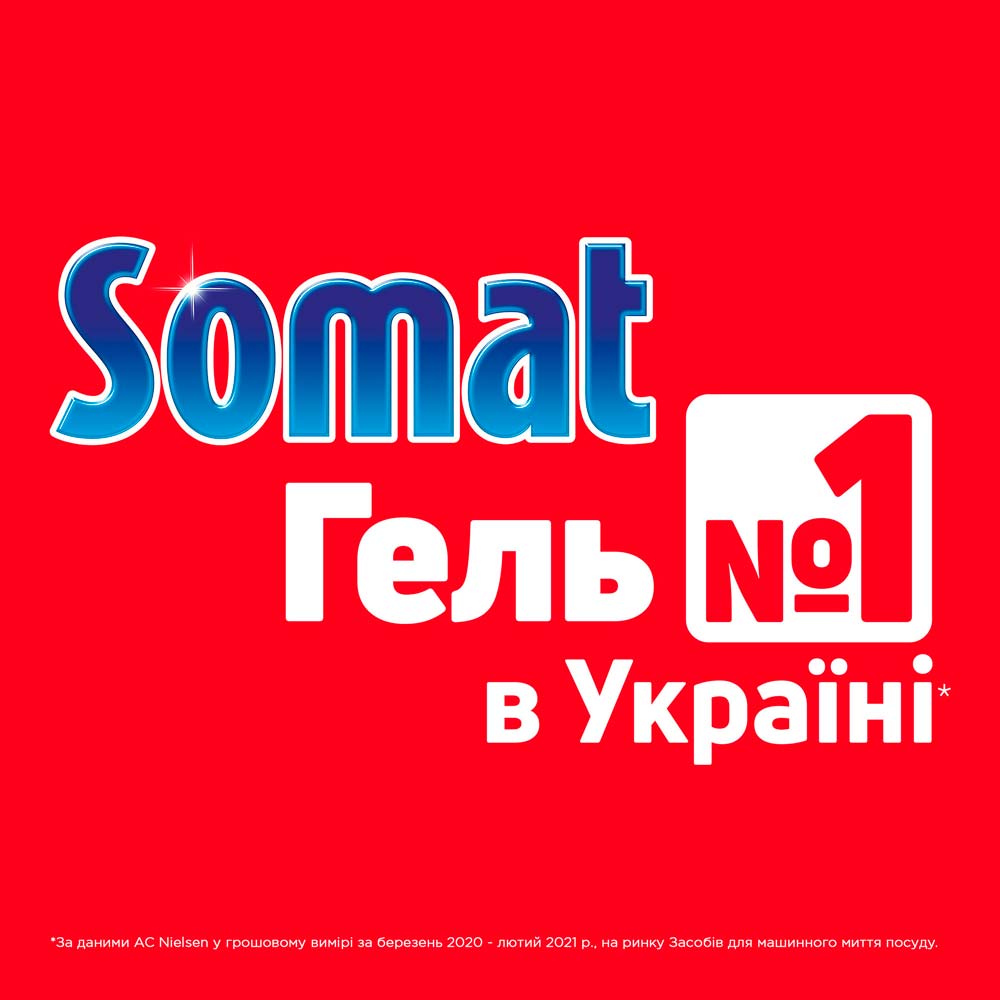 Гель для миття посуду в посудомийній машині Somat Exellence Екселенс 810 мл (9000101570854) Особливості відкрийте кришку і налийте засіб для миття посуду у дозатор відповідно до рекомендованого дозування (18 мл для легких забруднень, 28 мл для середніх та сильних забруднень)