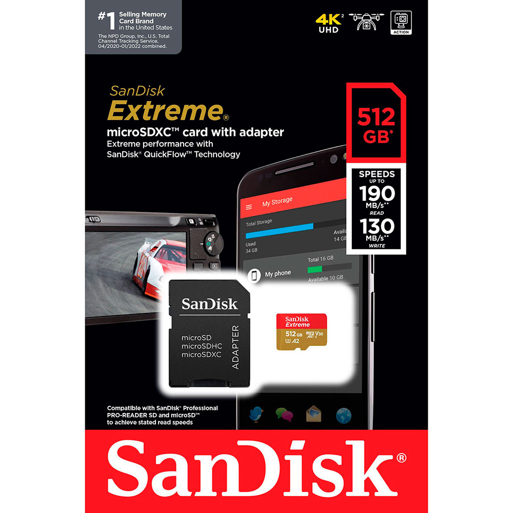 Карта пам'яті SANDISK 512GB C10 UHS-I U3 Extreme V30 + SD (SDSQXAV-512G-GN6MA) Об'єм пам'яті 512 Гб