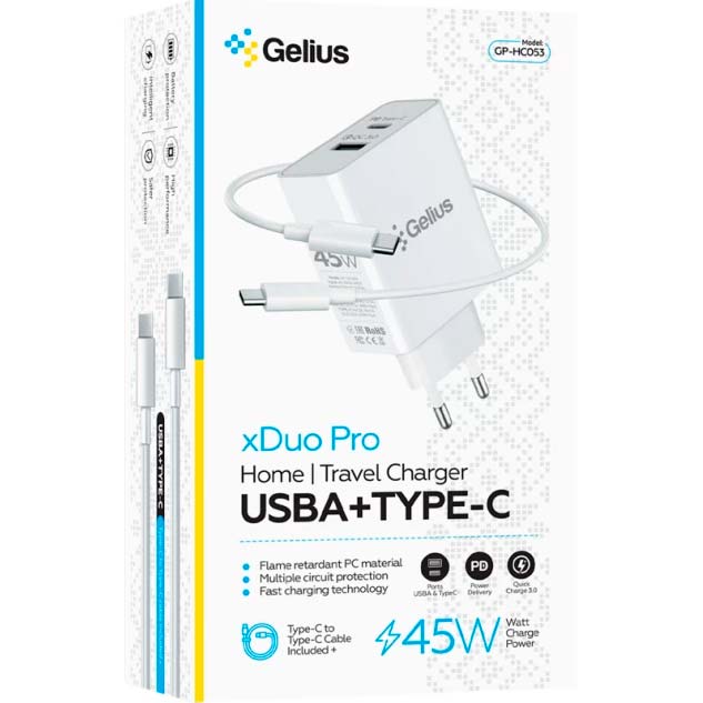 Сетевое зарядное устройство Gelius X-Duo PRO 45W GP-HC053 White (00000092355) Тип сетевое зарядное устройство