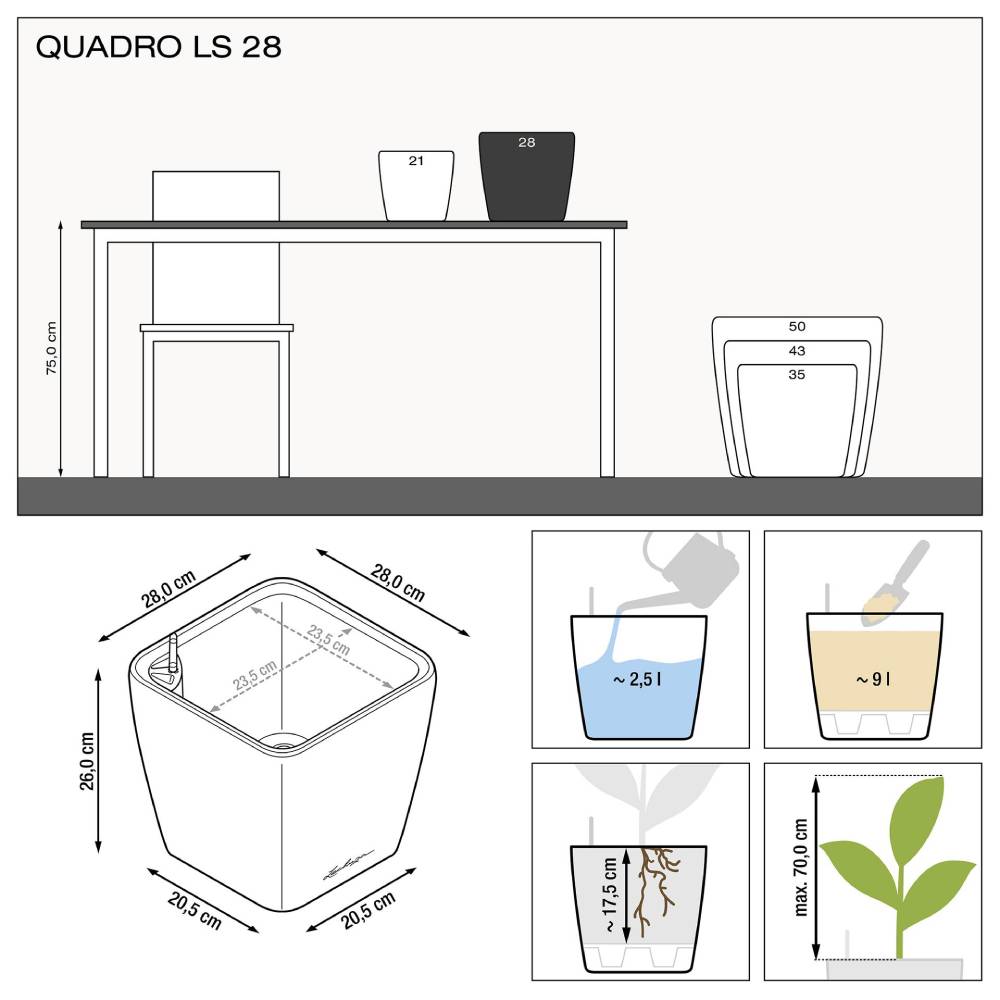 Вазон LECHUZA Quadro Premium LS 28 White (16140) Додатково ємність для води 2,5 л; об'єм для рослин 9 л; система автополиву