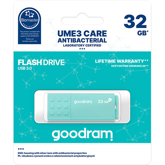 Флеш-драйв GOODRAM 32GB USB 3.0 UME3 Care Green (UME3-0320CRR11) Матеріал корпуса пластик